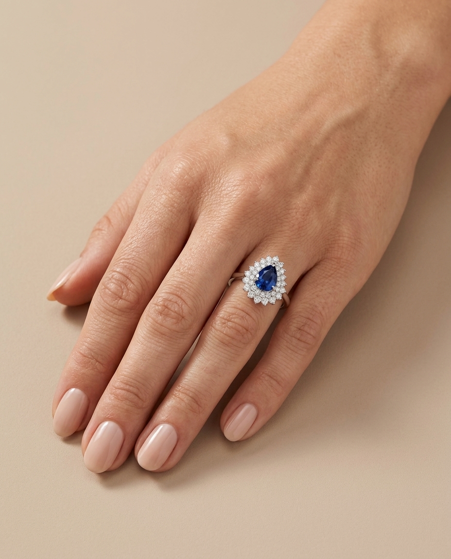 18KT White Gold Sapphire and Diamonds Ring on model
