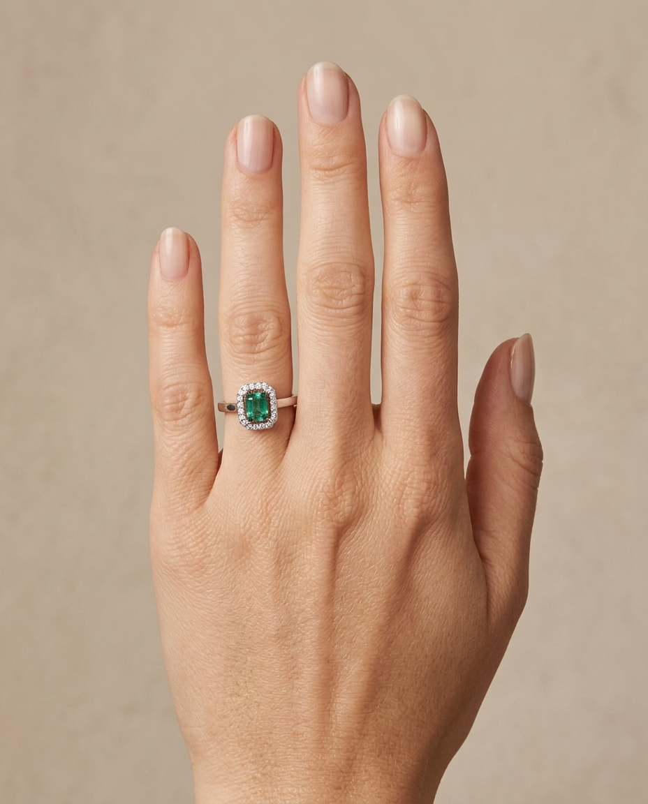 18KT White Gold Emerald and Diamonds Ring on model
