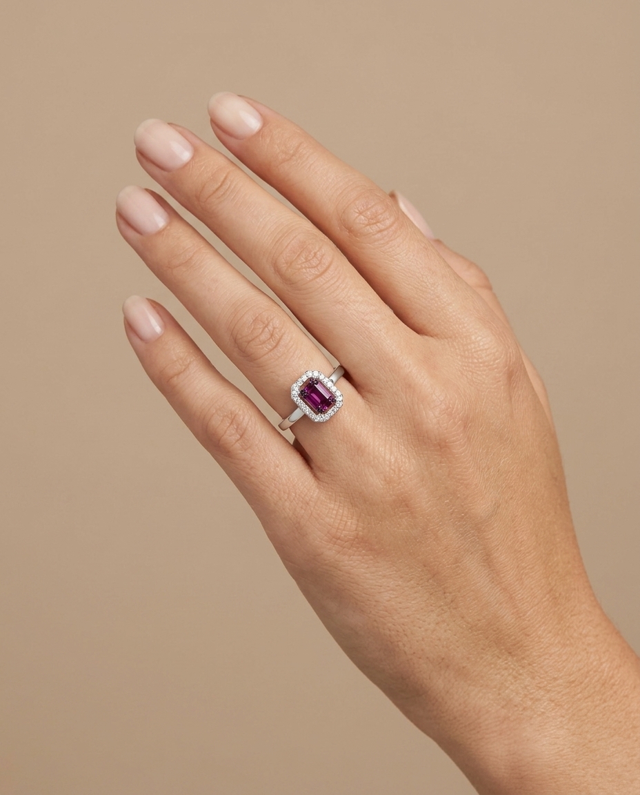 18KT White Gold Ruby and Diamonds Ring on model