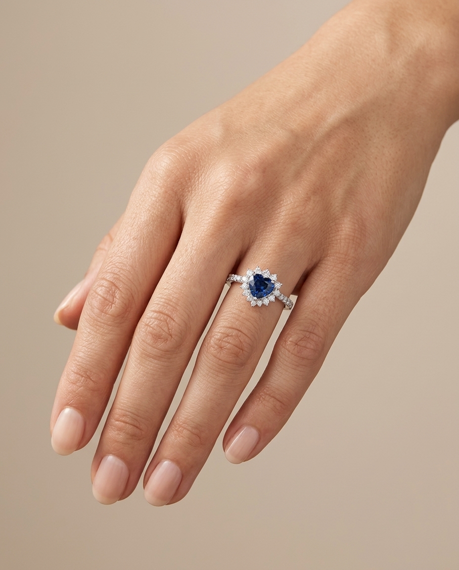 14KT White Gold Ceylon Sapphire and Diamonds Ring on model
