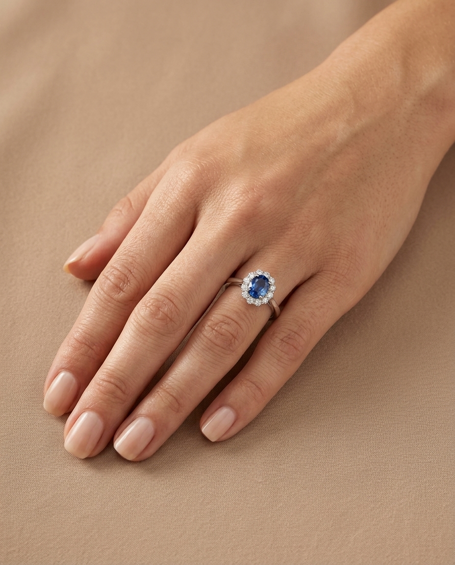 14KT White Gold Ceylon Sapphire and Diamonds Ring on model