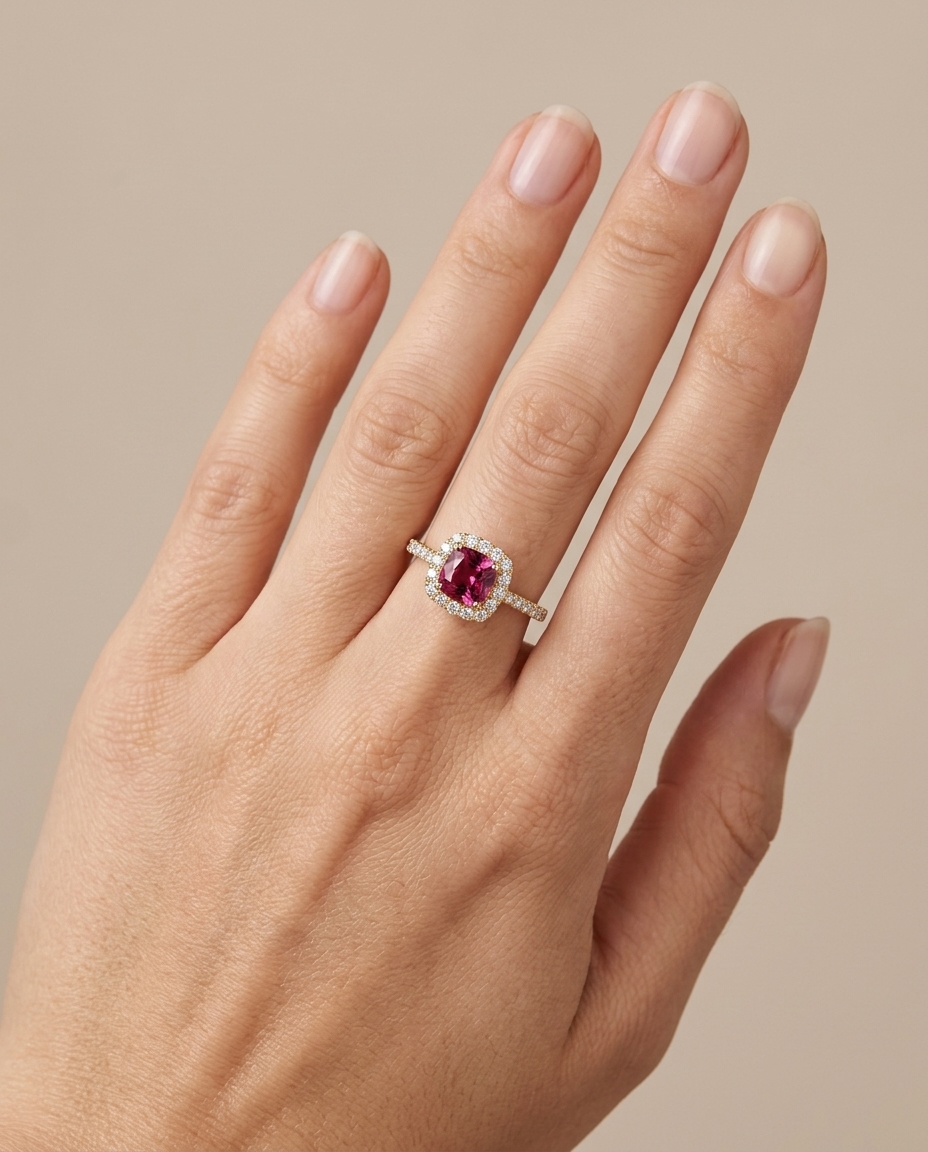 14KT Yellow Gold Pink Tourmaline and Diamonds Ring on model