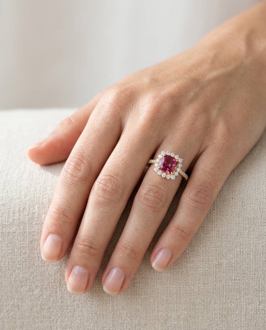 14KT Yellow Gold Pink Tourmaline and Diamonds Ring on model