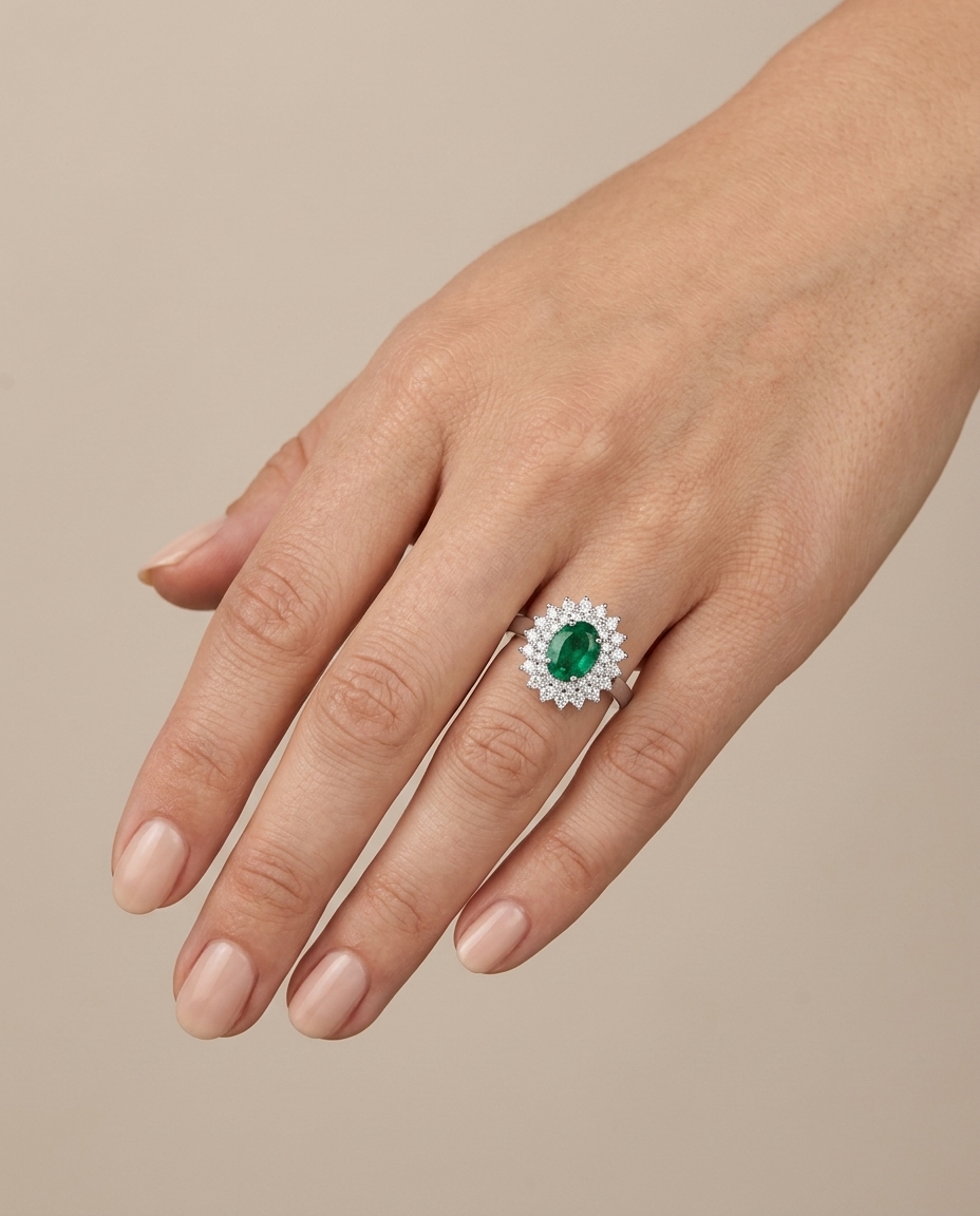 18KT White Gold Emerald and Diamonds Ring on model