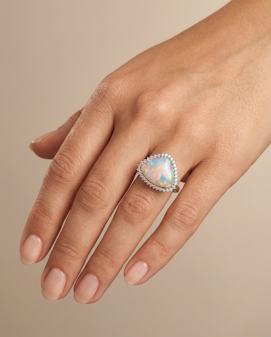 14KT Yellow Gold Opal and Diamond Ring on model