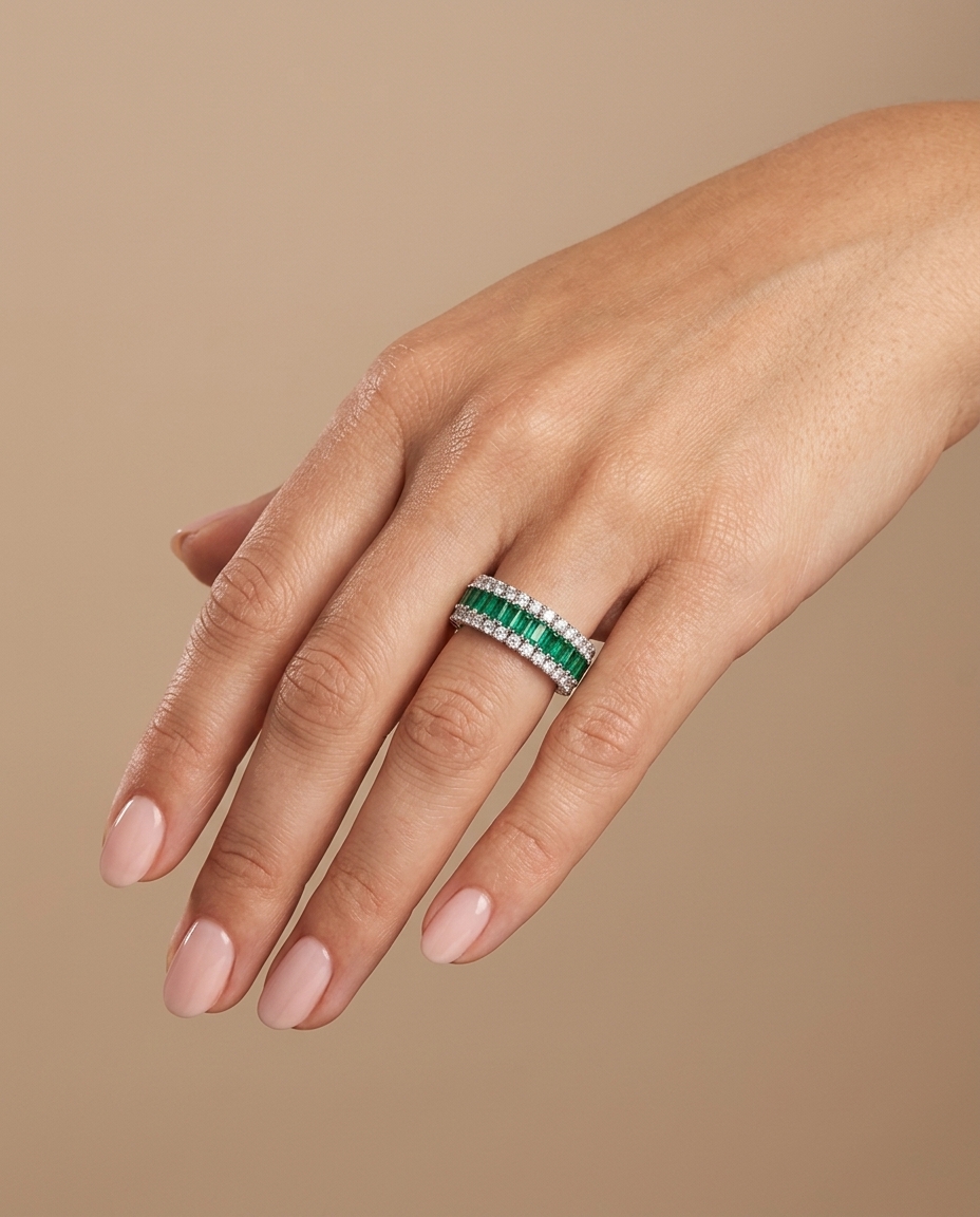 14KT Yellow Gold Emerald and Diamonds Flexible Ring on model