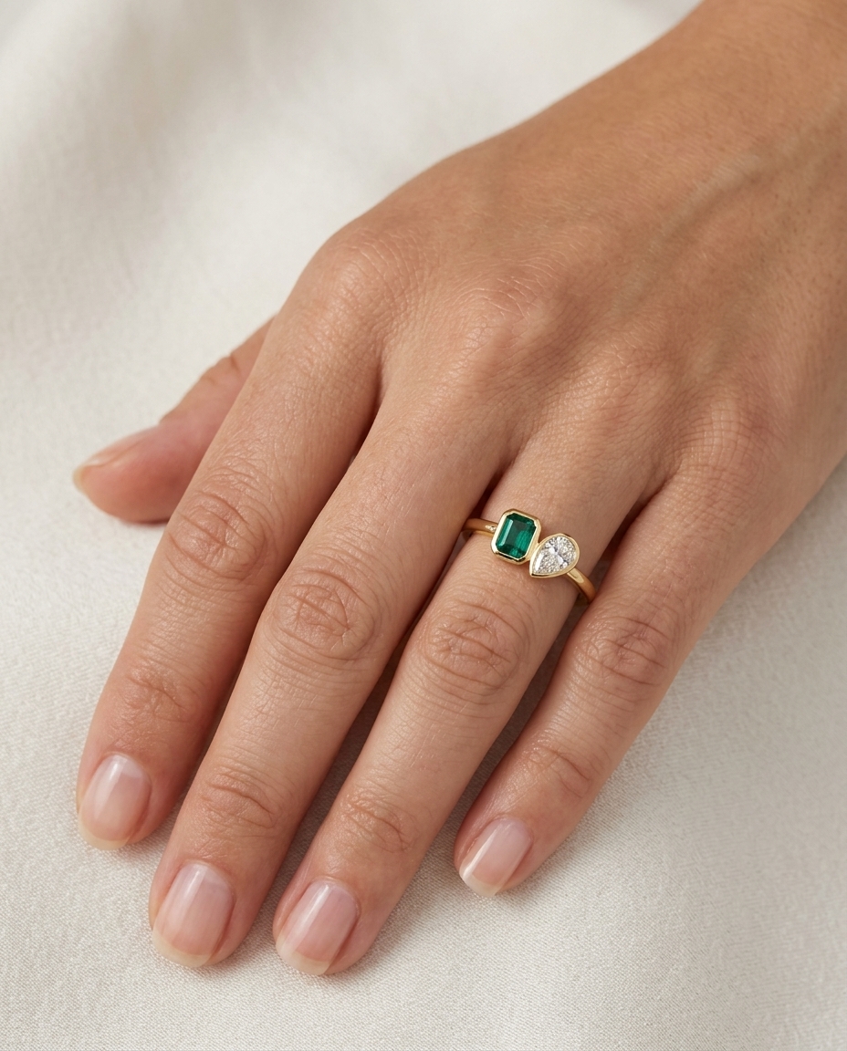 14KT Yellow Gold Emerald and Yellow Diamond Ring on model