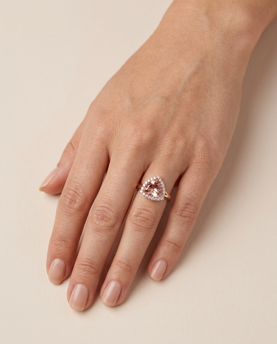 14KT Rose Gold Morganite and Diamonds Ring on model