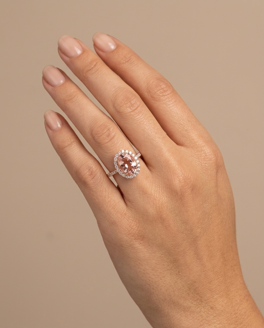 14KT Rose Gold Morganite and Diamonds Ring on model