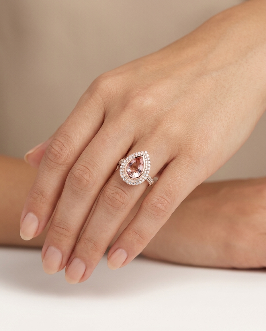 14KT Rose Gold Morganite and Diamonds Ring on model