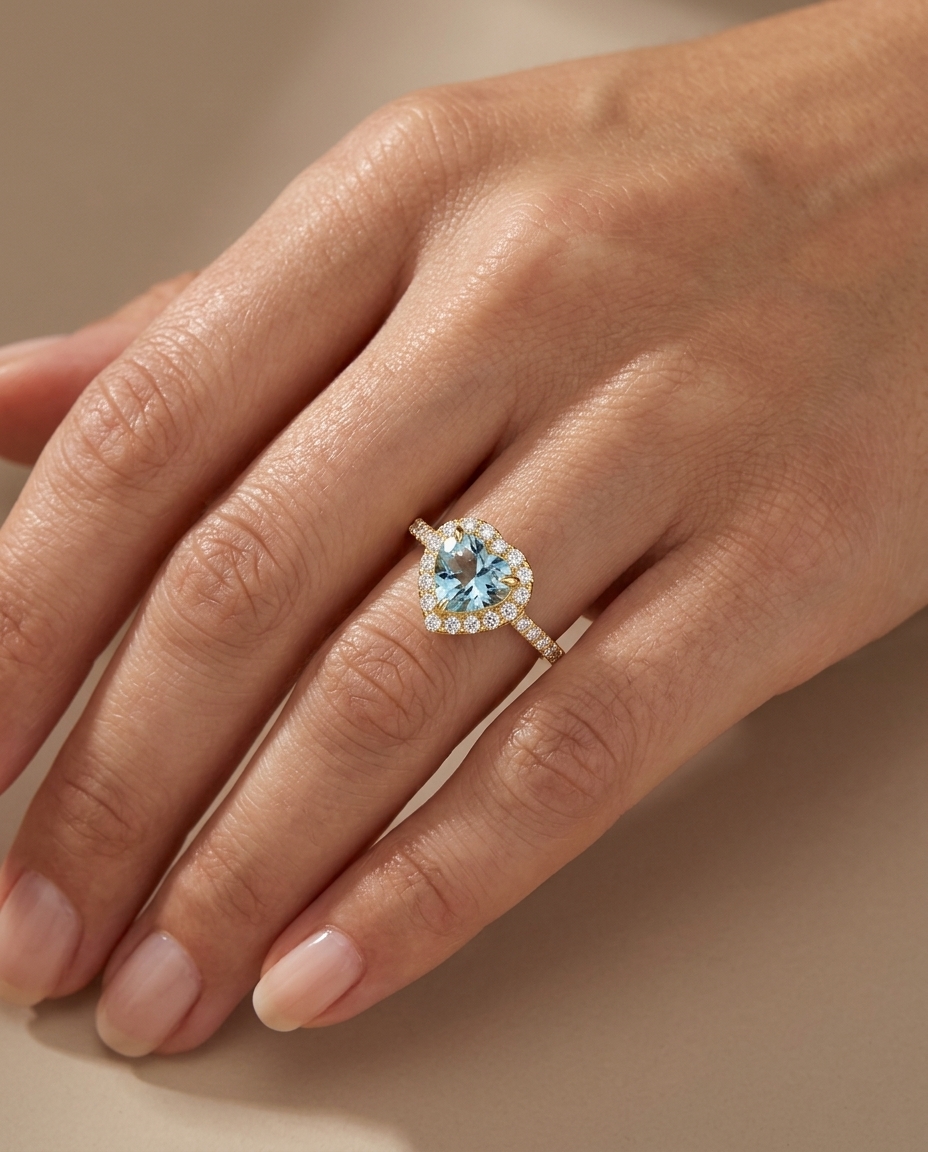 14KT Yellow Gold Aquamarine and Diamonds Ring on model