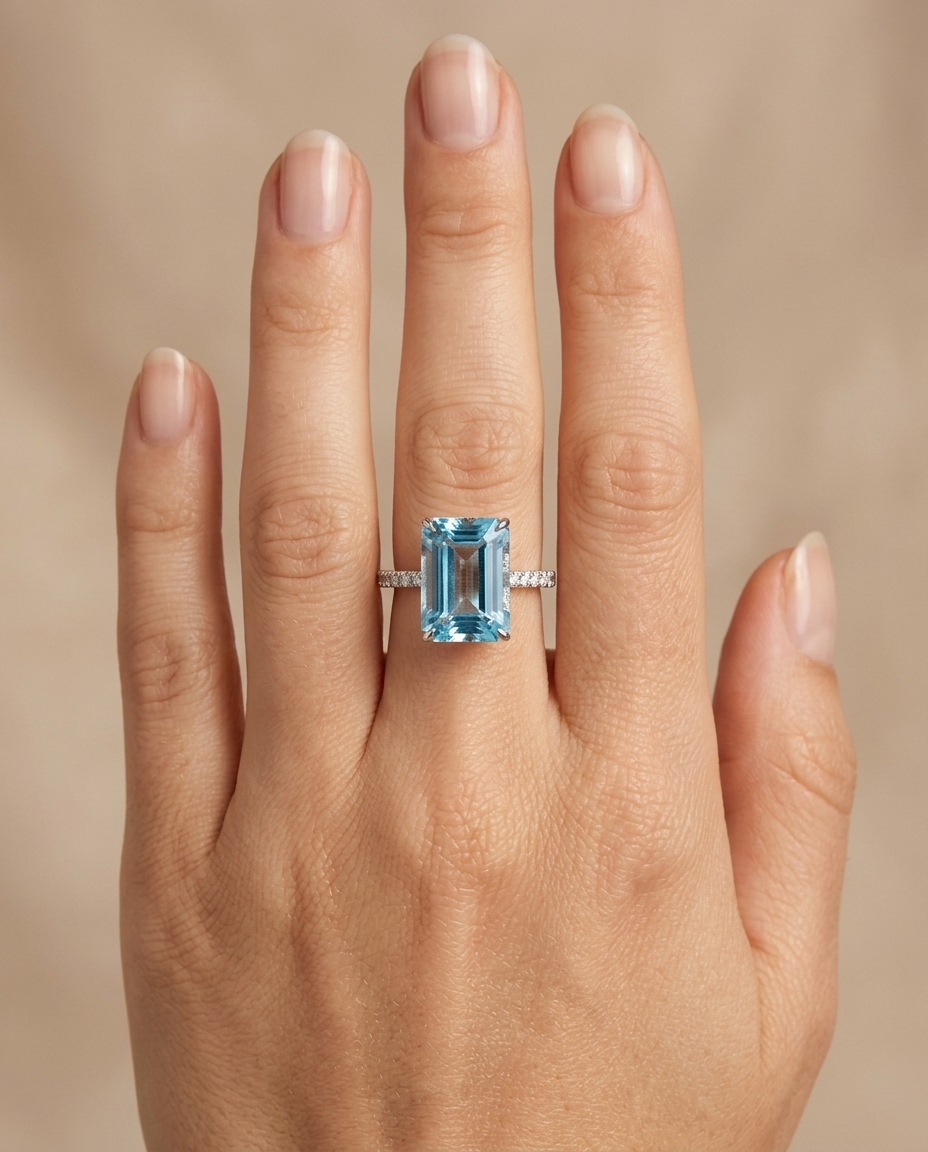 14KT White Gold Aquamarine and Diamonds Ring on model