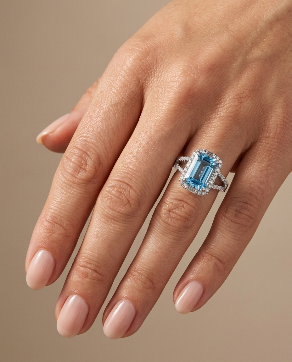 14KT White Gold Aquamarine and Diamonds Ring on model