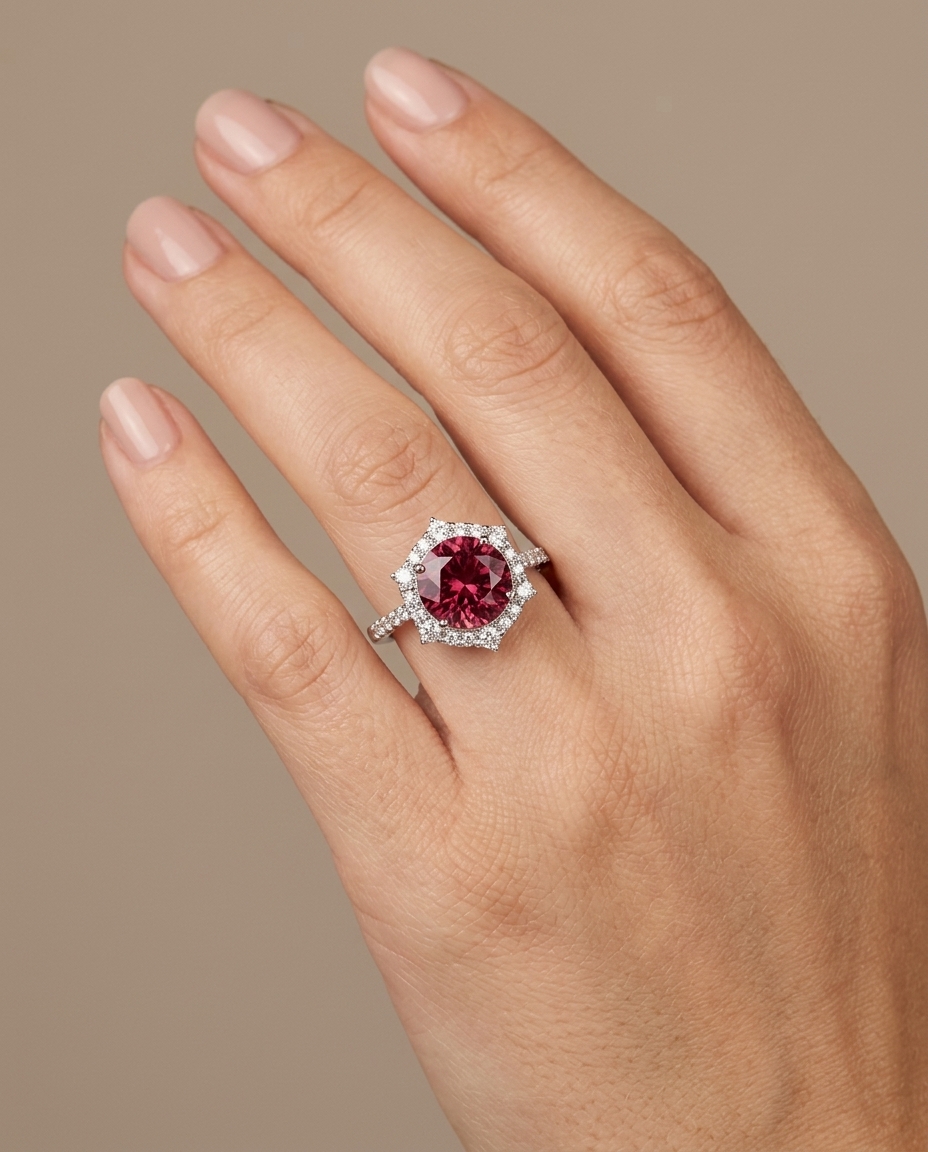 14KT White Gold Pink Tourmaline and Diamonds Ring on model