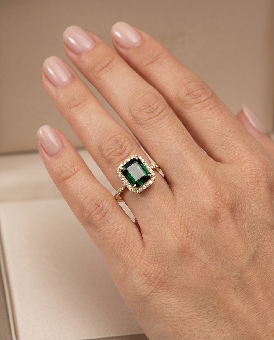 14KT Yellow Gold Square Green Tourmaline and Diamonds Ring on model