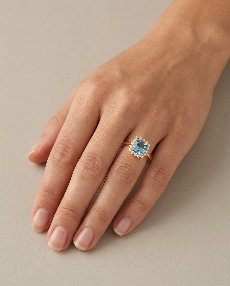 14KT Gold Aquamarine and Diamonds Ring on model
