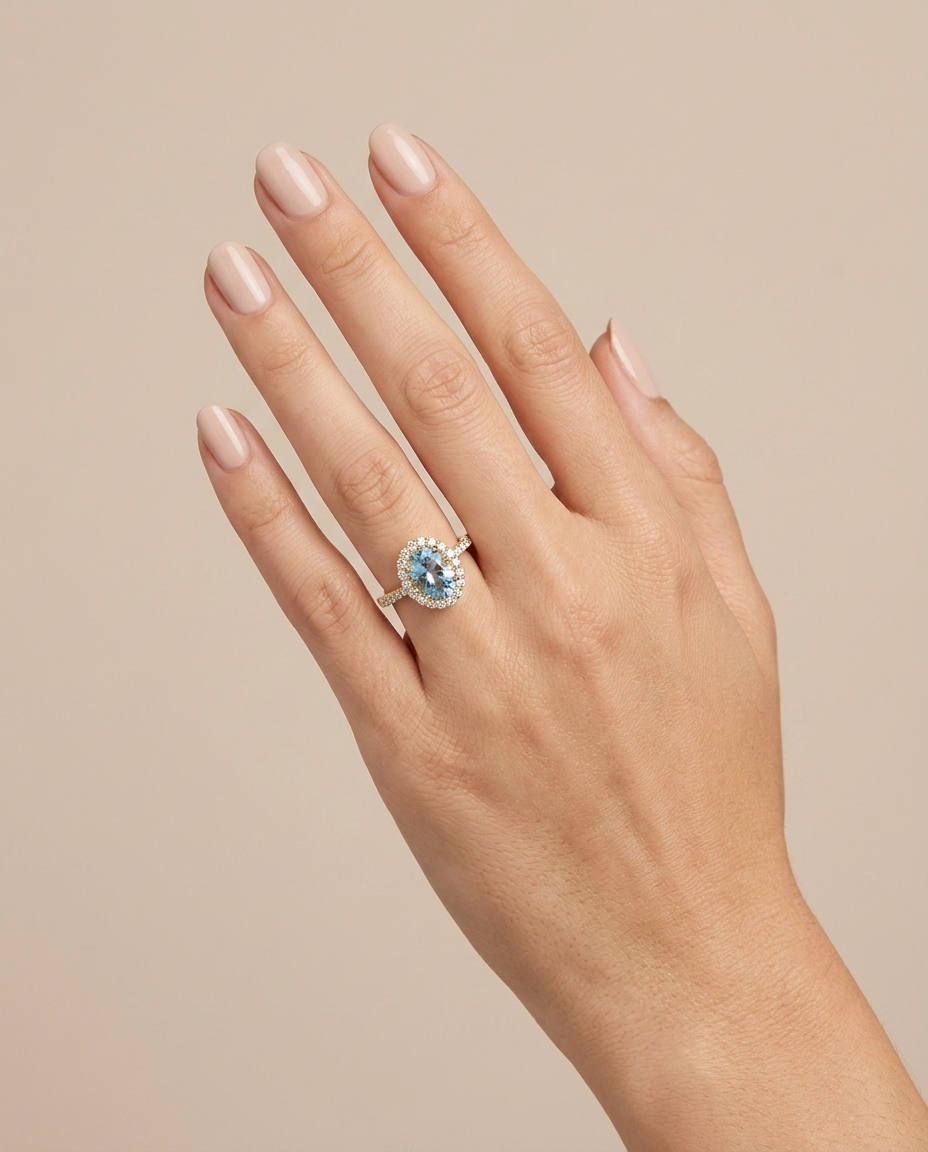 14KT Gold Aquamarine and Diamonds Ring on model