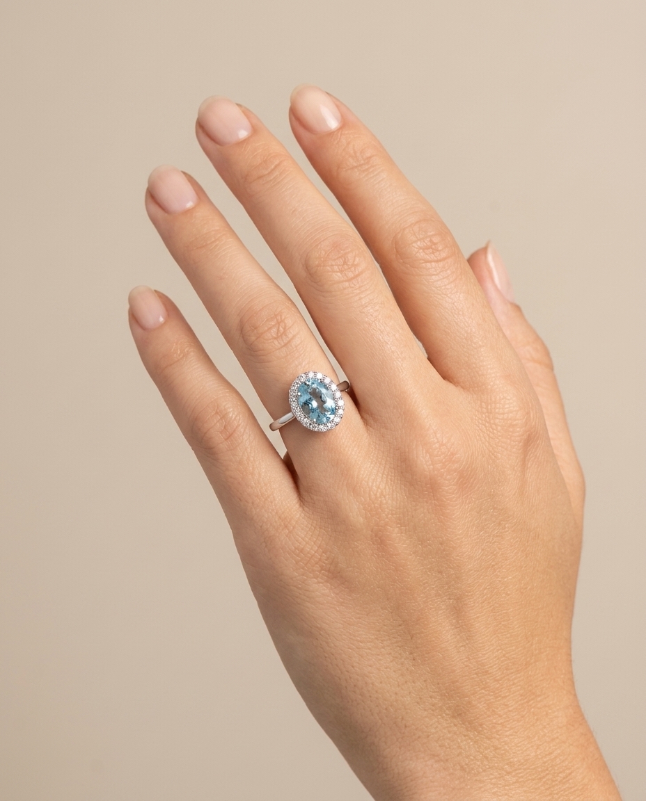 14KT White Gold Aquamarine and Diamonds Ring on model