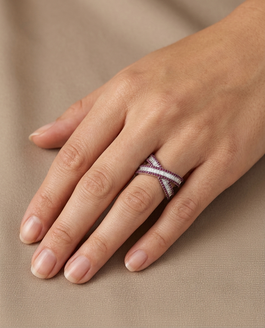 18KT White Gold Ruby and Diamonds Ring on model