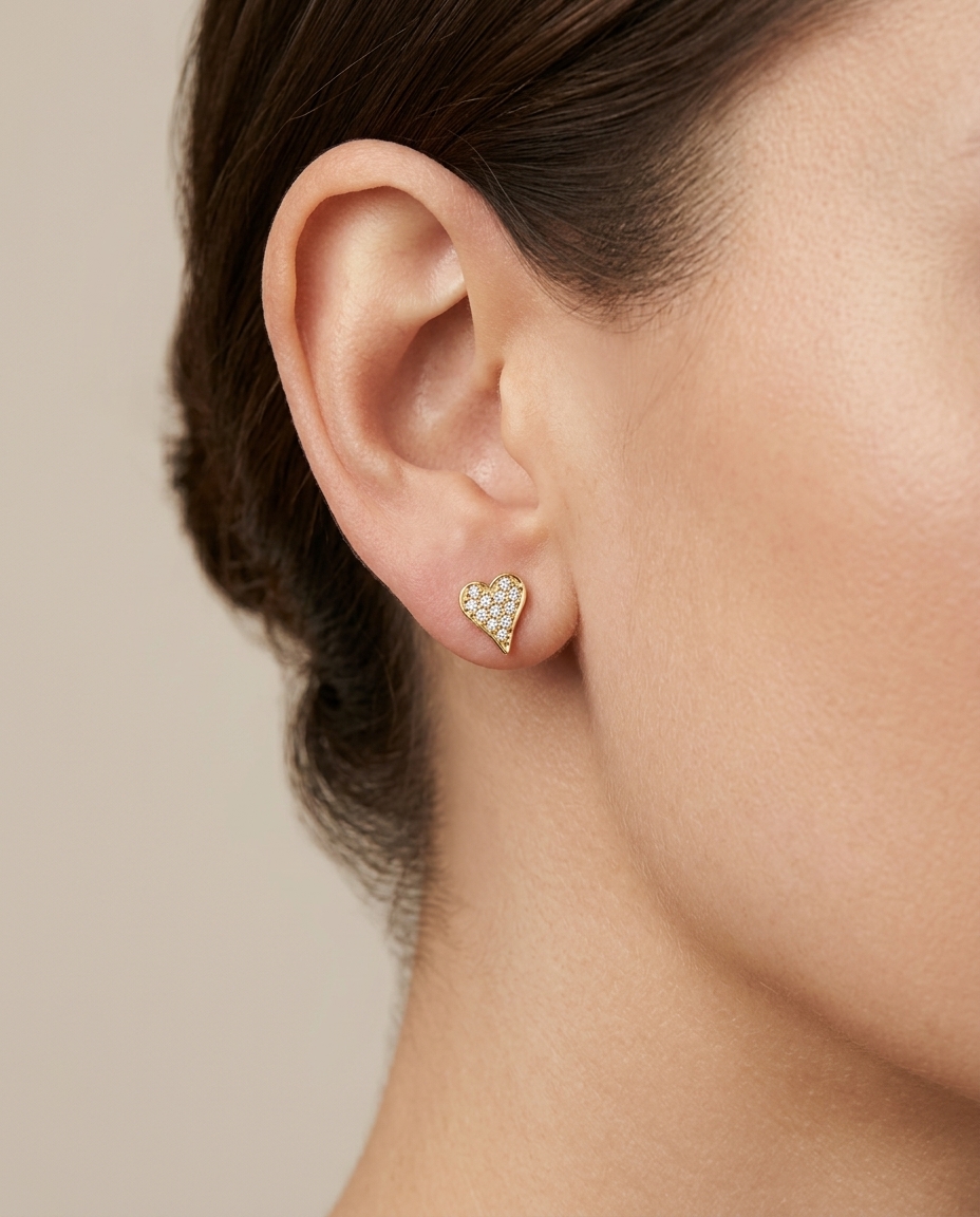 14KT Gold Diamond Heart Earring Studs on model