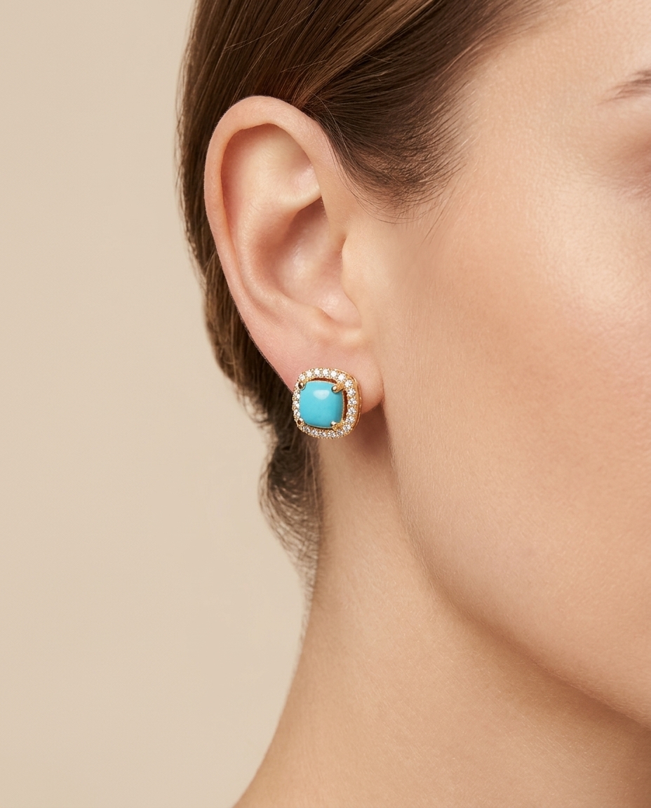 14KT Yellow Gold Turquoise and Diamonds Earring on model