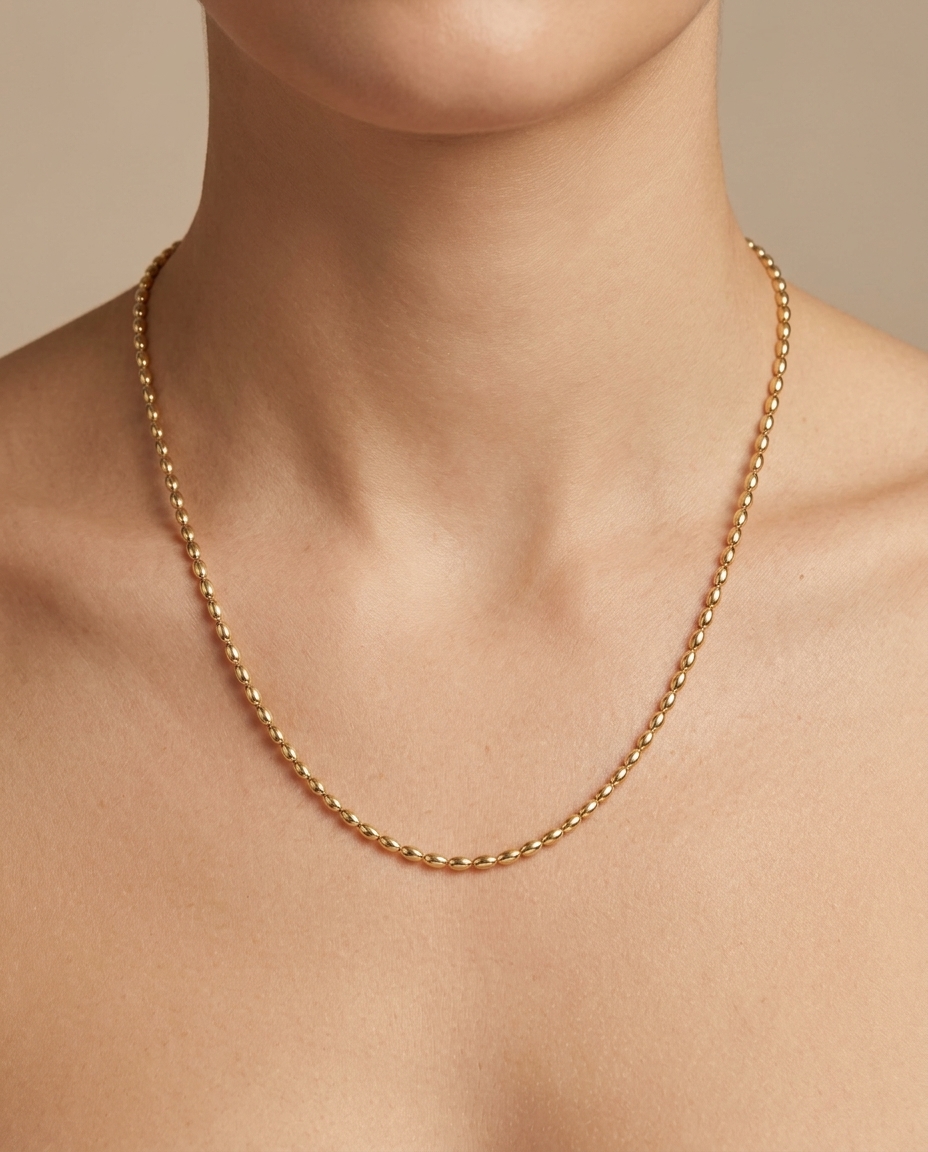 14KT Yellow Gold Beaded Chain Necklace on model
