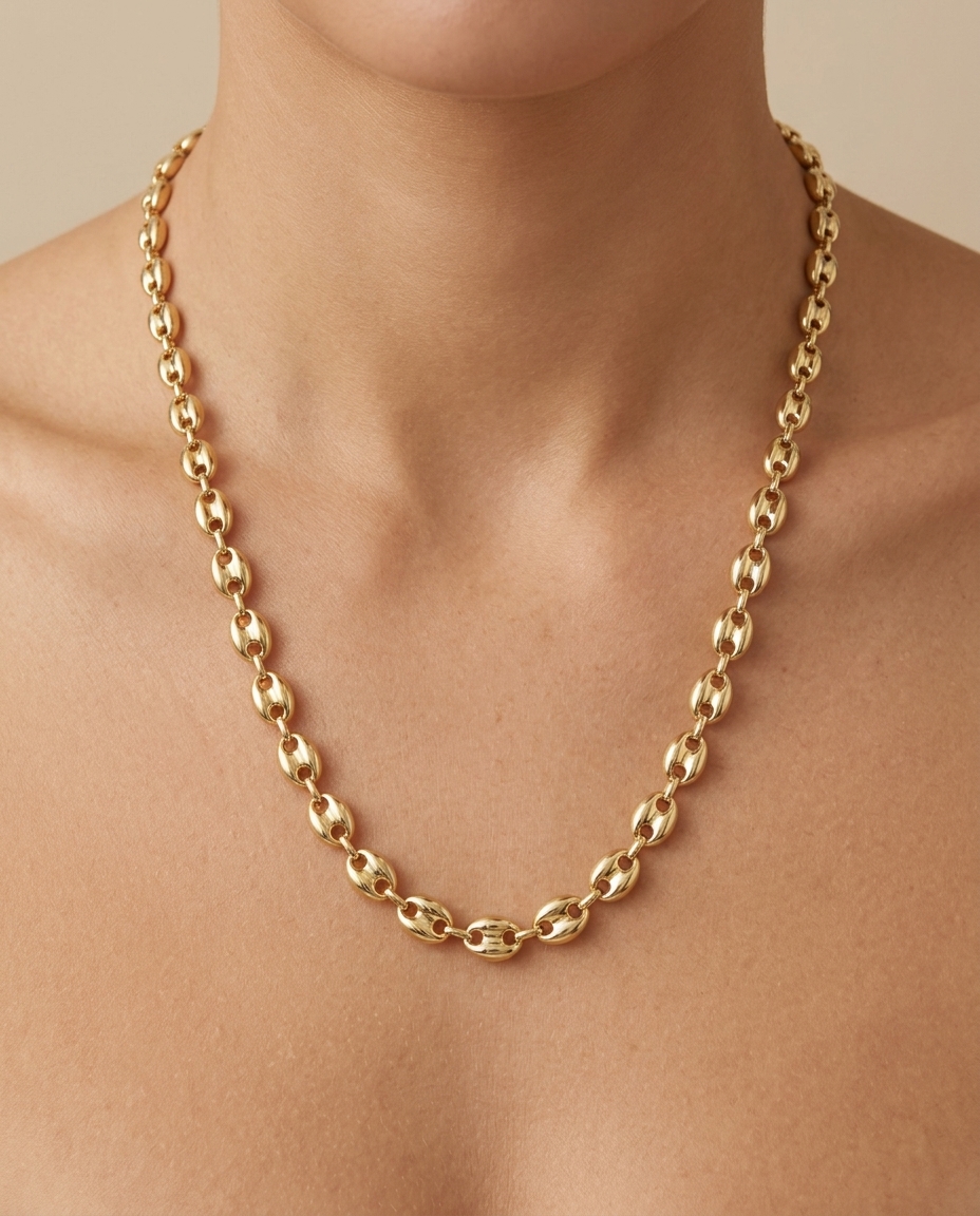 14KT Yellow Gold Bead Chain Link Necklace on model