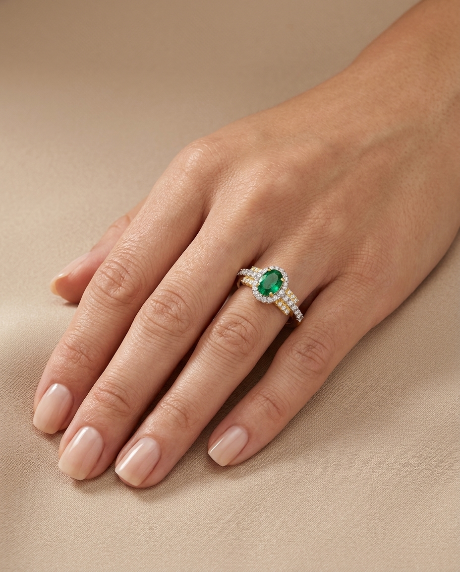 14KT Yellow Gold Emerald and Diamonds Ring on model