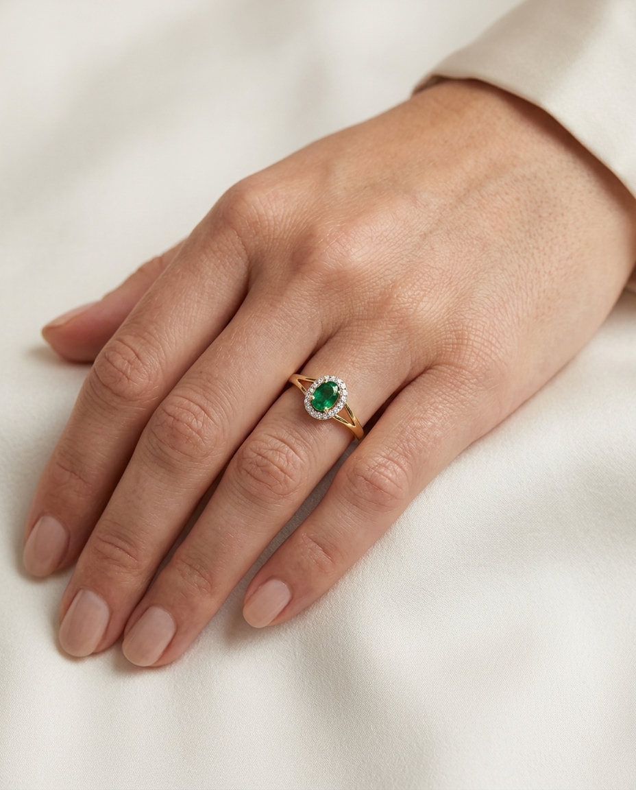 14KT Yellow Gold Emerald and Diamonds Ring on model