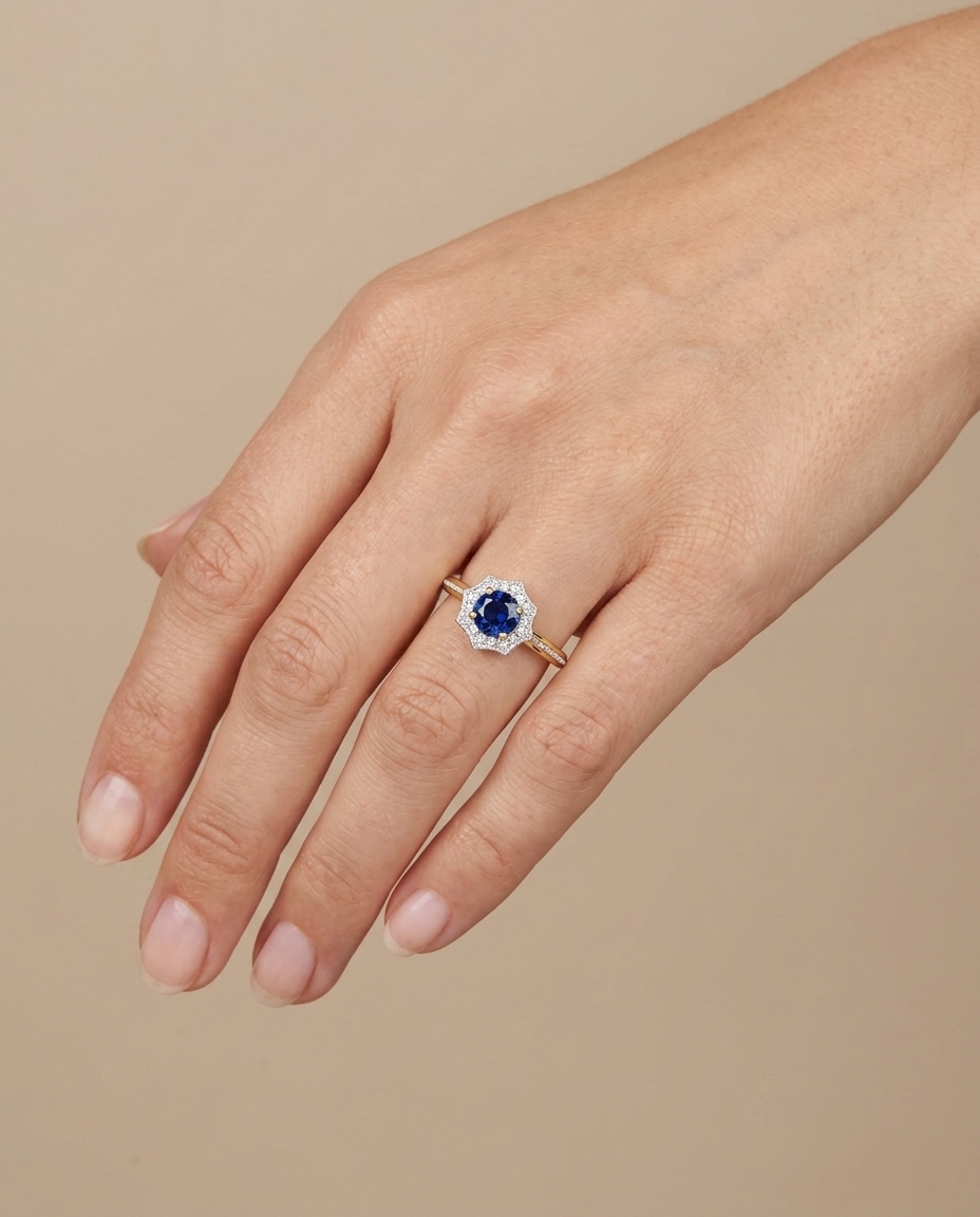 14KT Yellow Gold Sapphire and Diamonds Ring on model