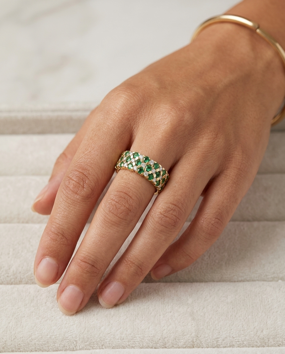 14KT Yellow Gold Emerald and Diamonds Ring on model