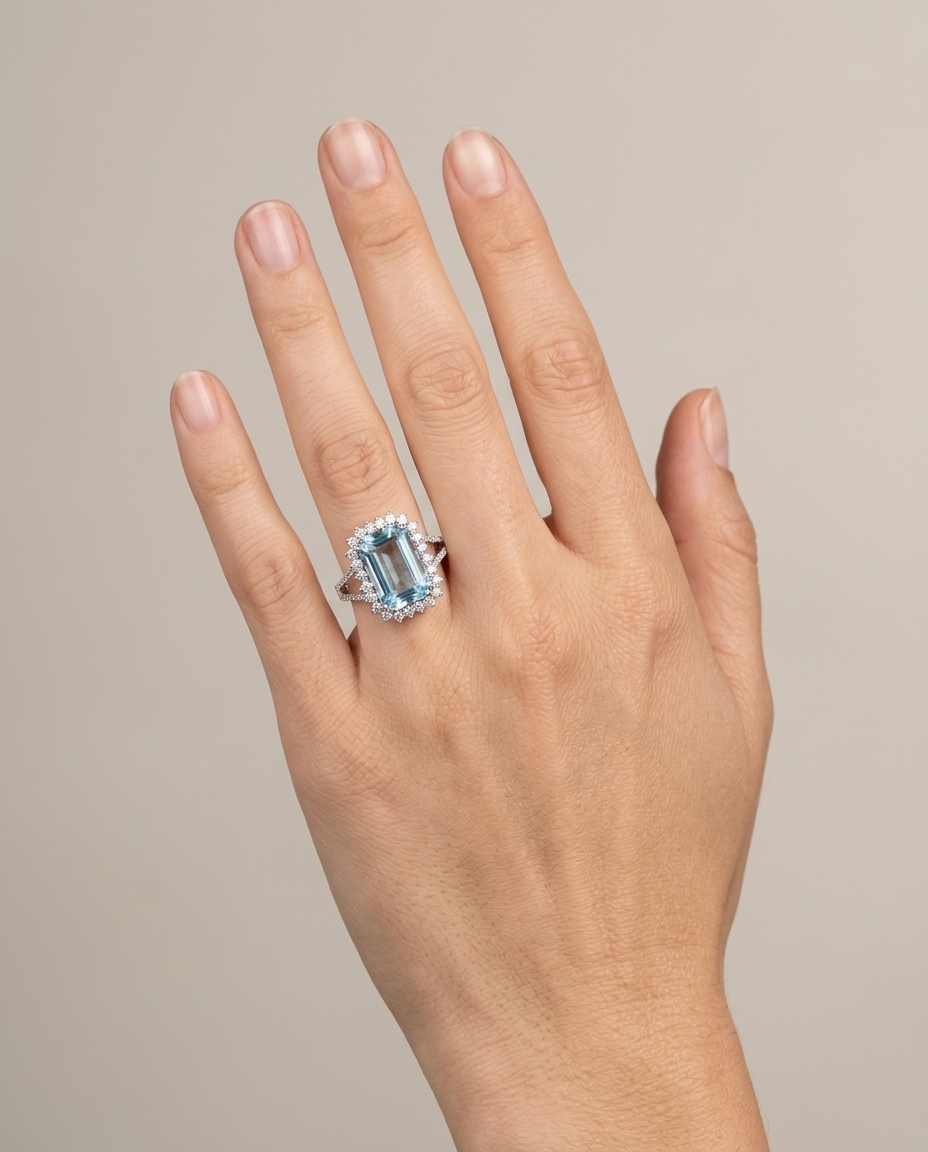 14KT White Gold Aquamarine and Diamonds Ring on model
