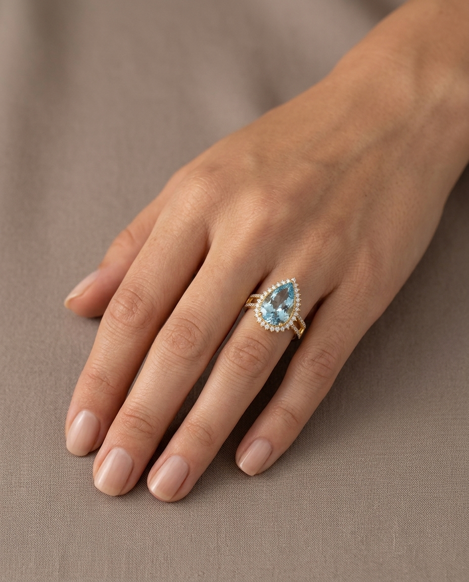 14KT Yellow Gold Aquamarine and Diamonds Ring on model