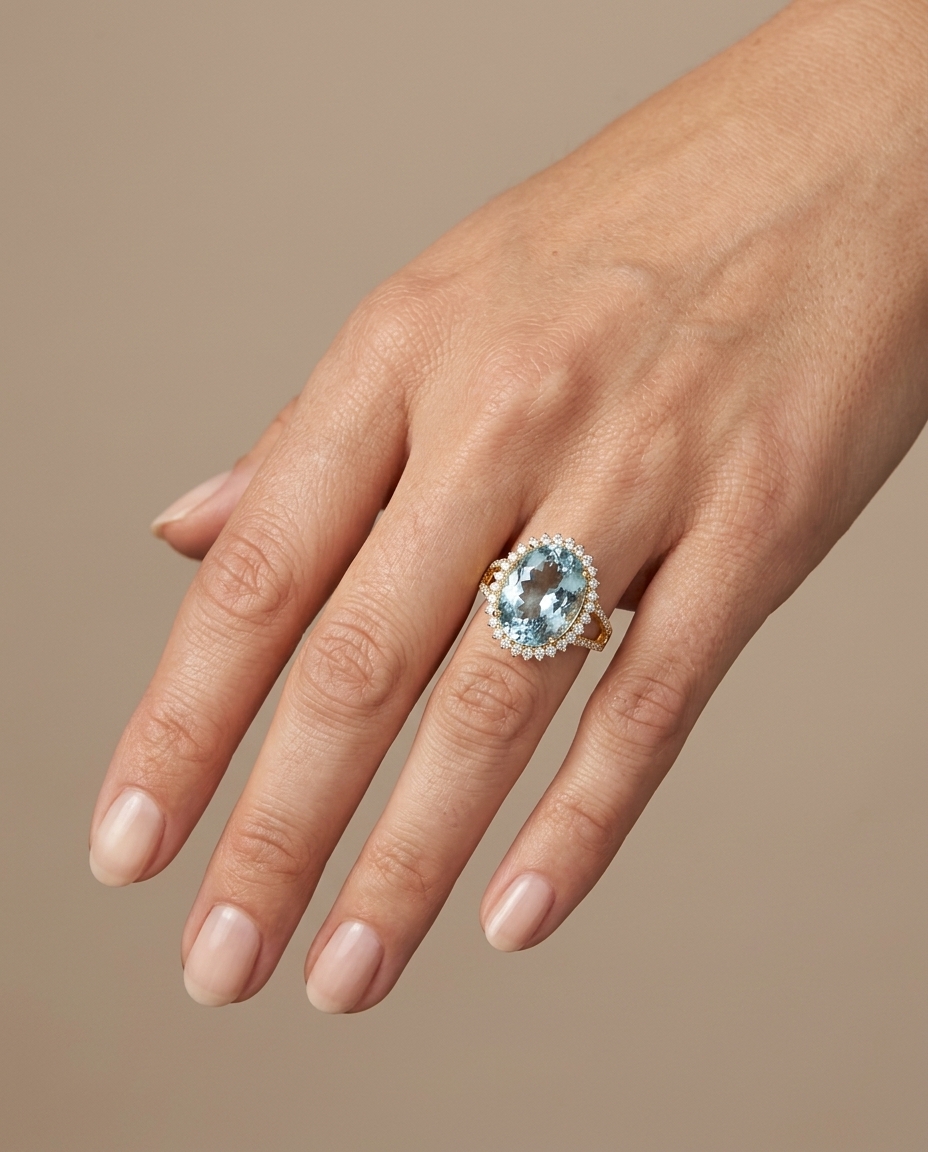 14KT Yellow Gold Aquamarine and Diamonds Ring on model