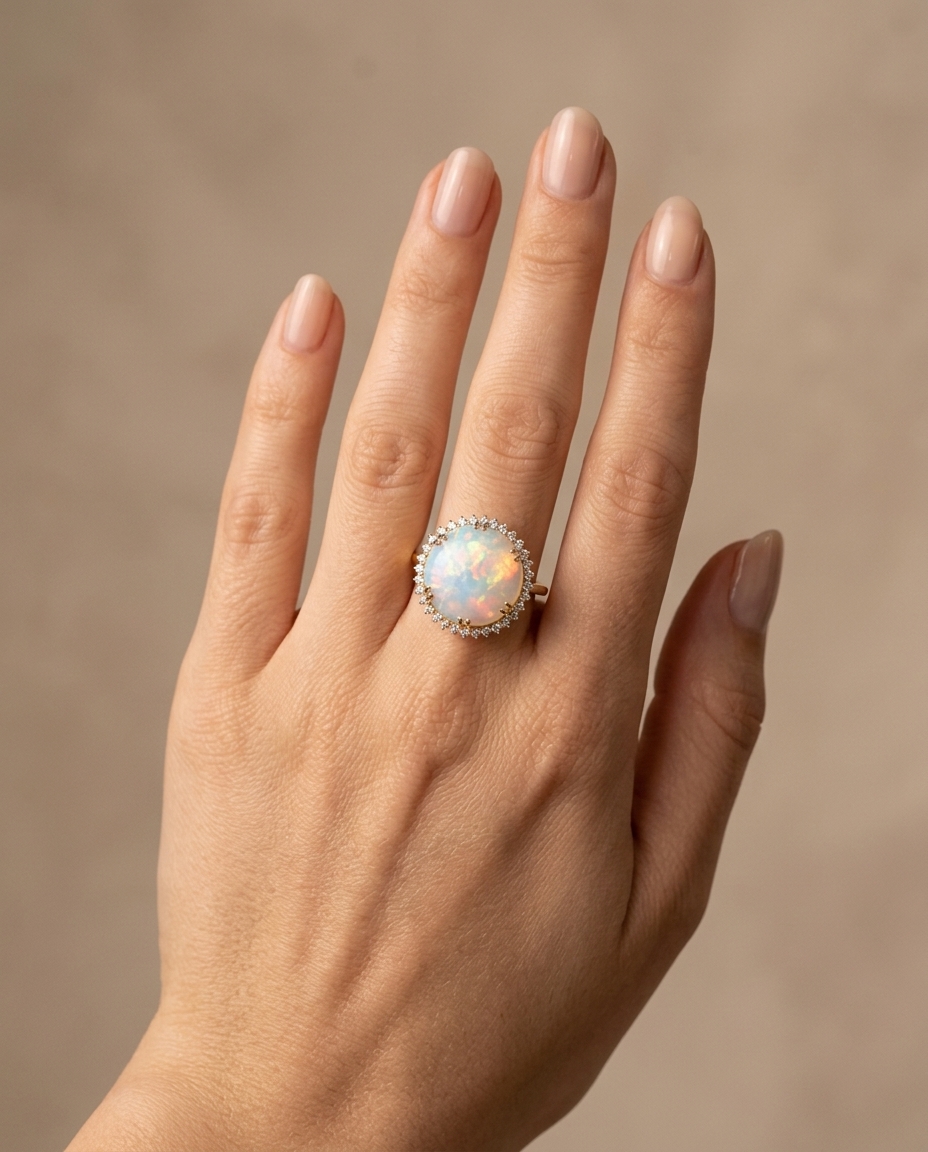 14KT Yellow Gold Opal and Diamonds Ring on model