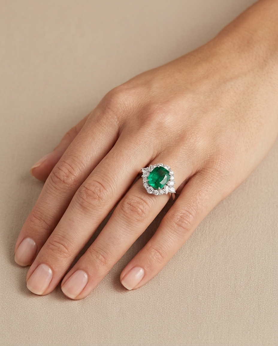 18KT White Gold Emerald and Diamonds Ring on model