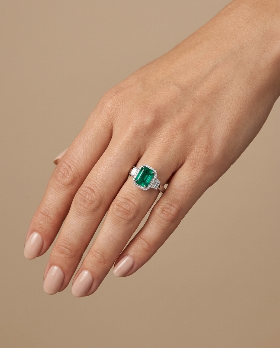 18KT White Gold Emerald and Diamonds Ring on model