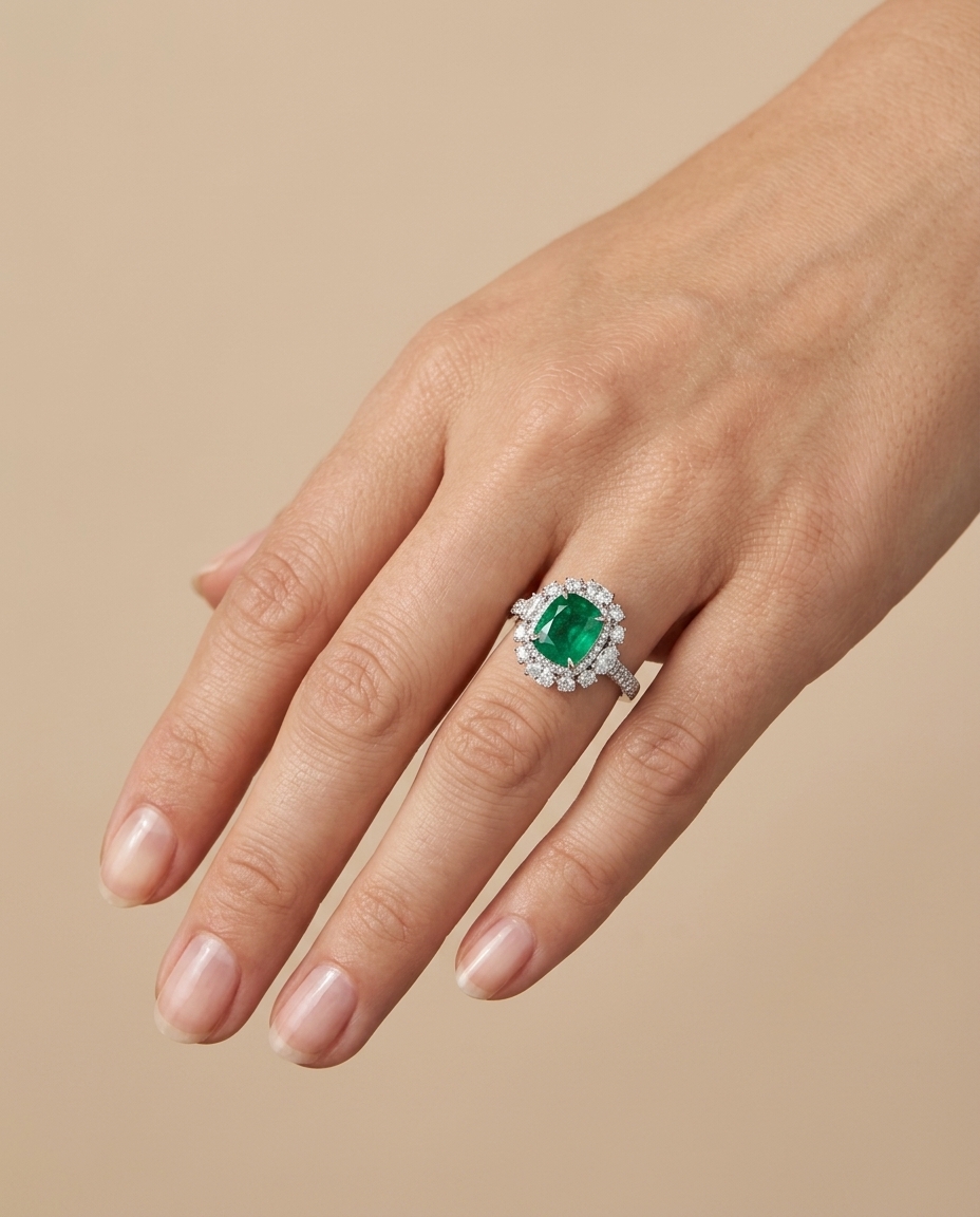 18KT White Gold Emerald and Diamonds Ring on model