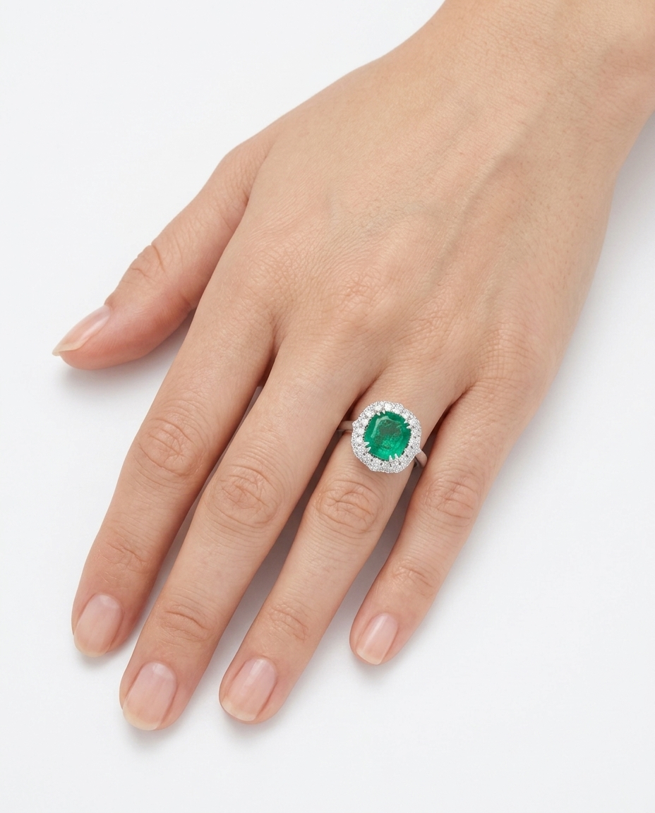 18KT White Gold Emerald and Diamonds Ring on model