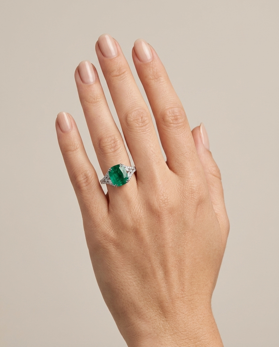 18KT White Gold Emerald and Diamonds Ring on model
