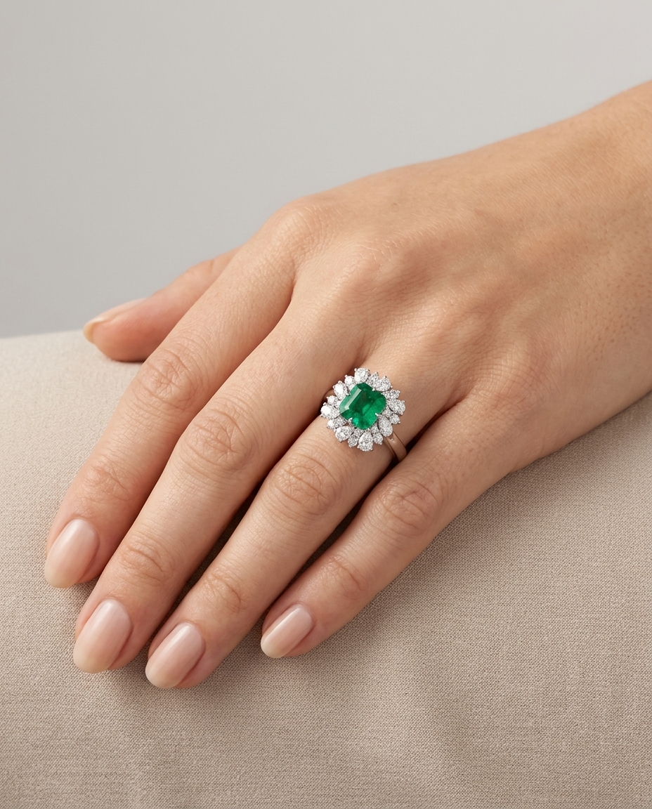18KT White Gold Emerald and Diamonds Ring on model