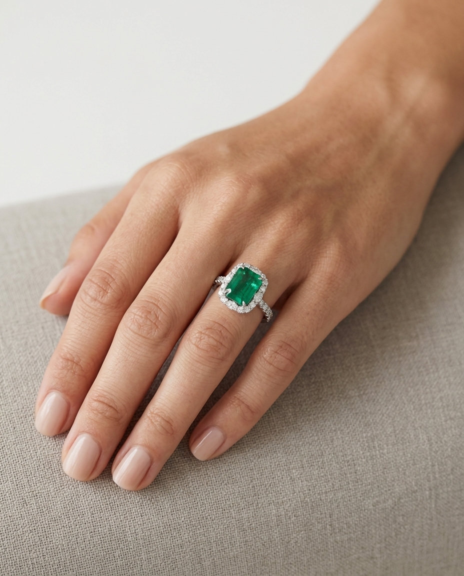 18KT White Gold Emerald and Diamonds Ring on model