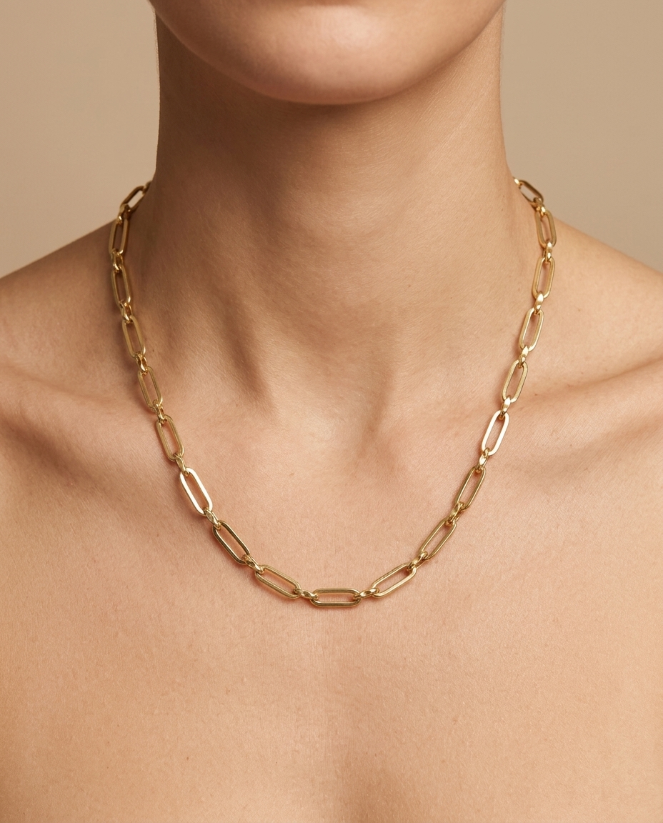 14KT Yellow Gold Paperclip Necklace on model