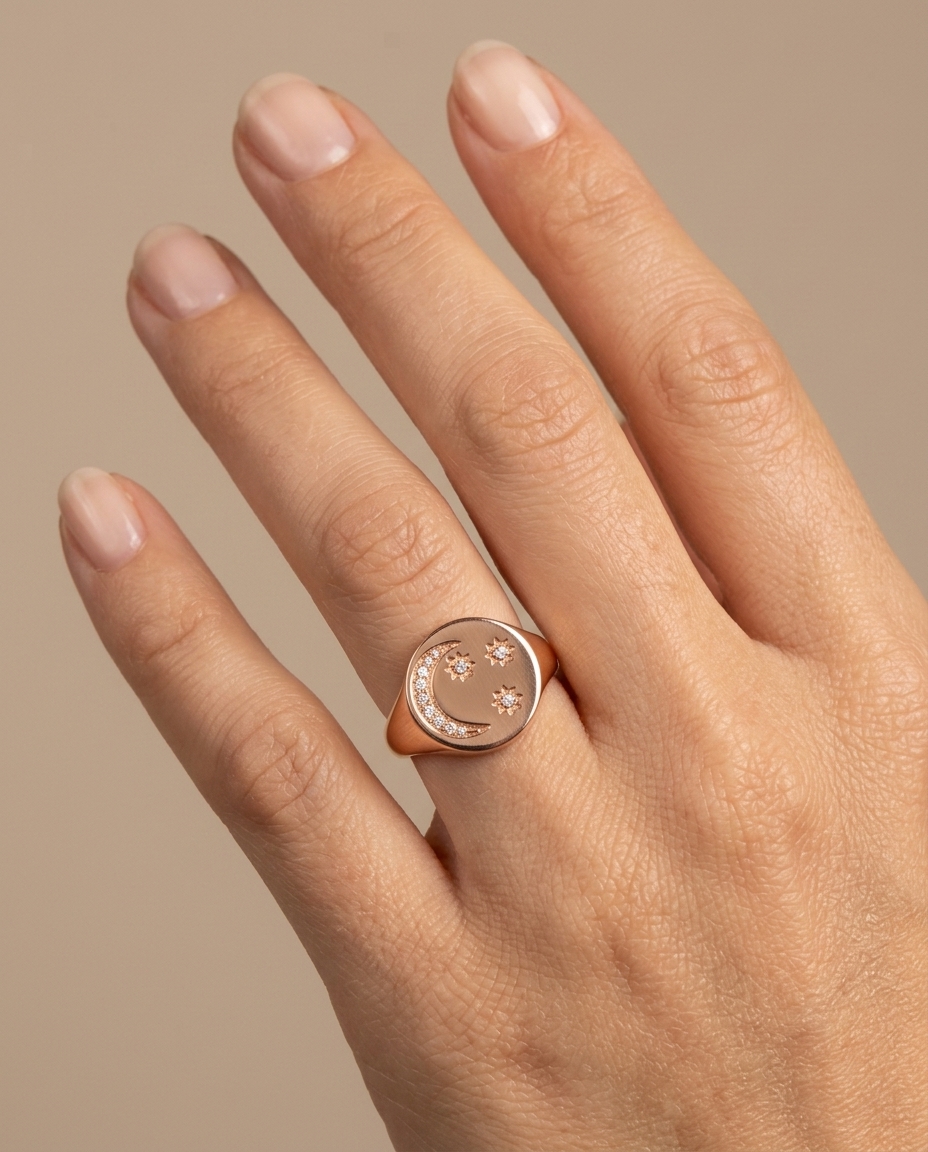Pinky Crecent and 3 Stars Diamond Ring in Rose Gold on model