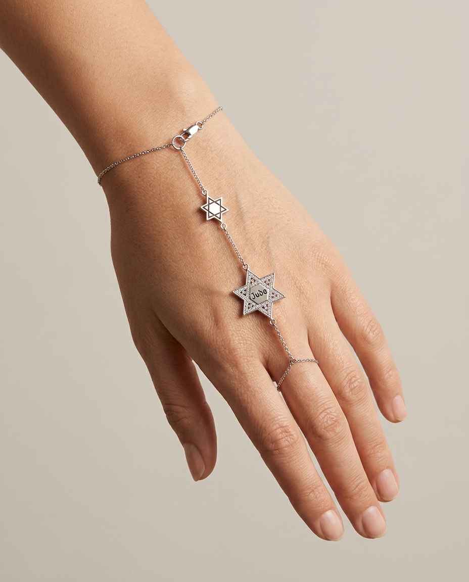 Diamond and Enamel Star of David Hand Chain in White Gold on model