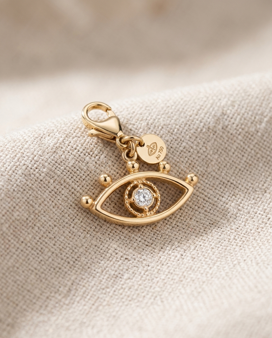 Evil Eye Charm in Yellow Gold on model