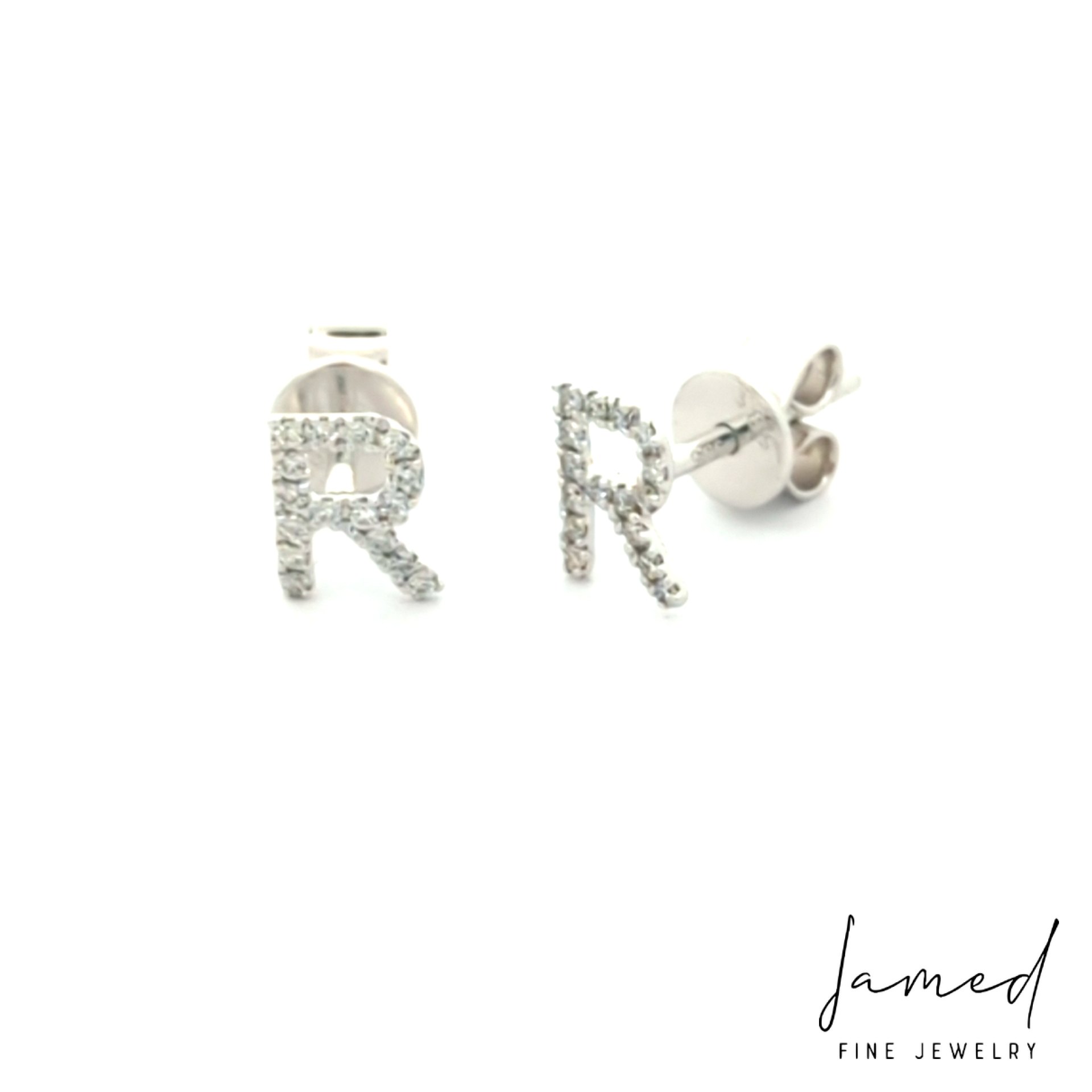 R Initial Diamond Earrings in White Gold
