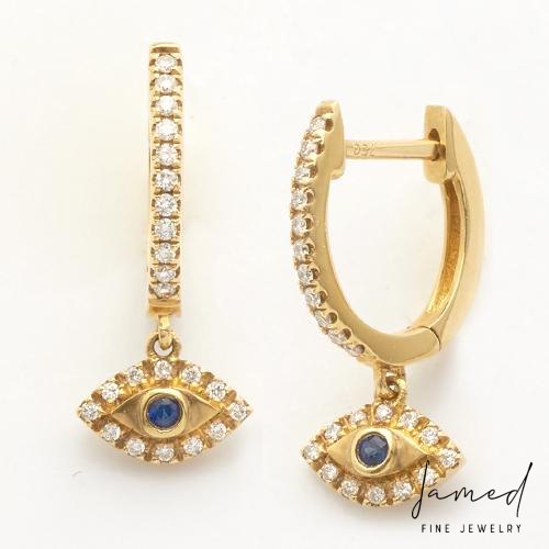 Round Diamond Huggie/Hoop Dangling Evil Eye Earrings in Yellow Gold