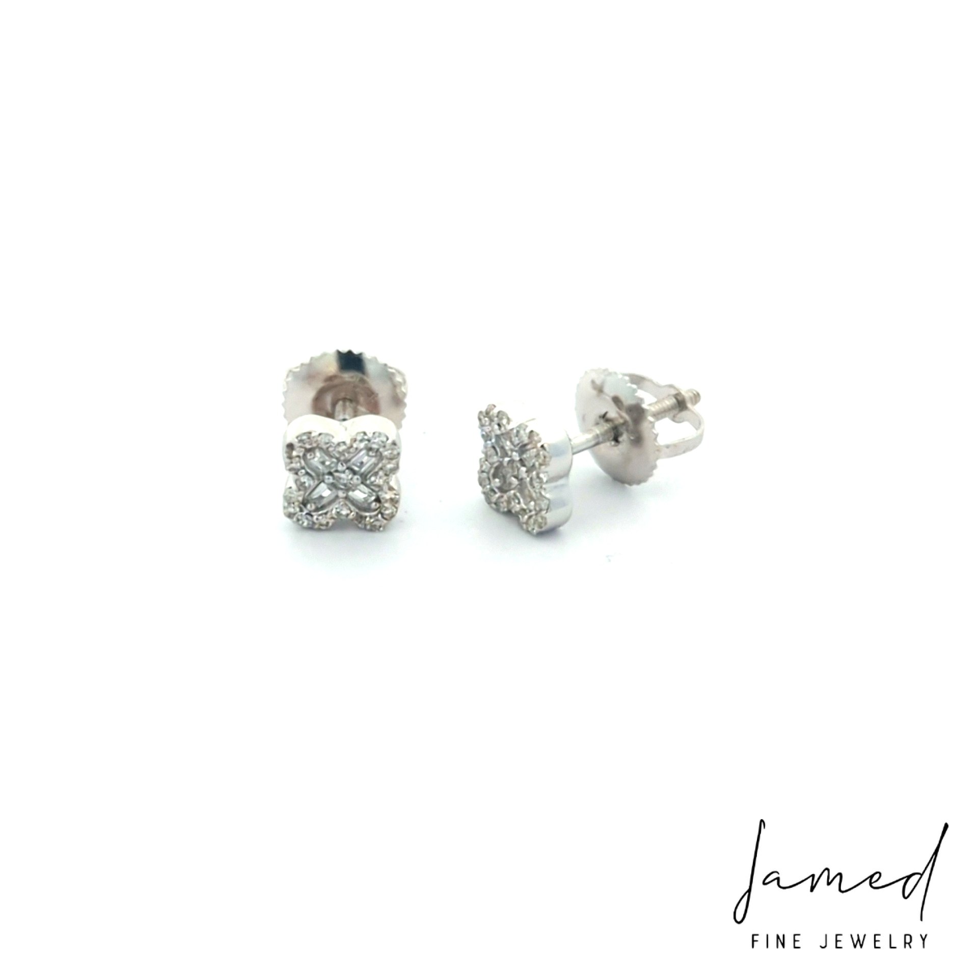 Baguette Clover with Round Diamond Earrings in White Gold