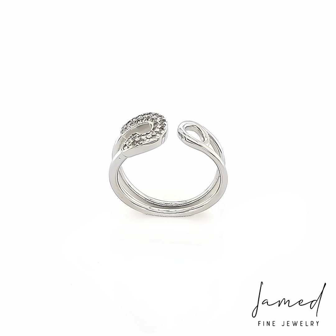 Custom Open Safety Pin Ring with Diamonds in White Gold